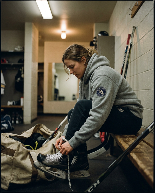Heather grey Puck Queens hoodie with the crest badge on the sleeve, worn lacing skates in a dressing room
