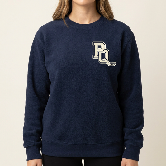 Navy PQ Monogram Crewneck with the cream PQ monogram on the left chest