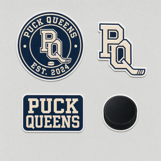 Four Puck Queens vinyl stickers: circular crest, PQ monogram, stacked wordmark and a die-cut puck