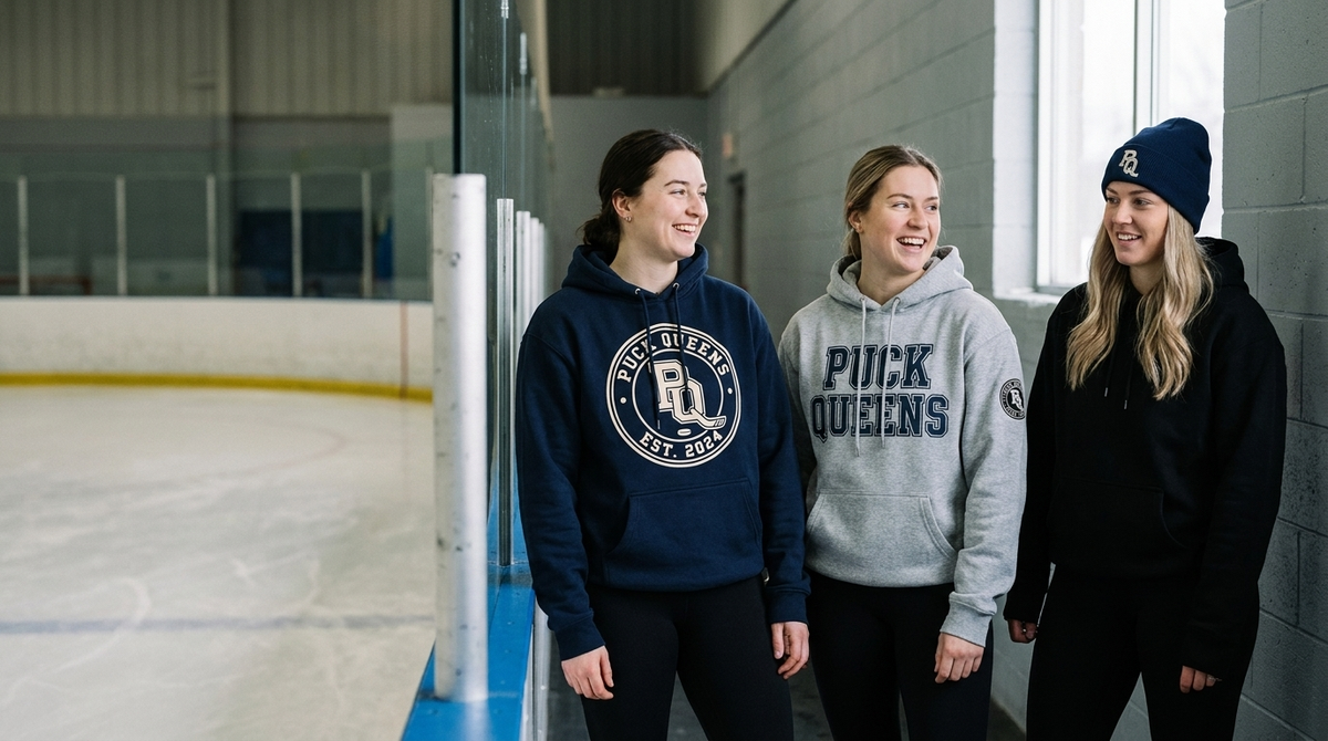 Three women in Puck Queens hoodies and a toque beside the rink